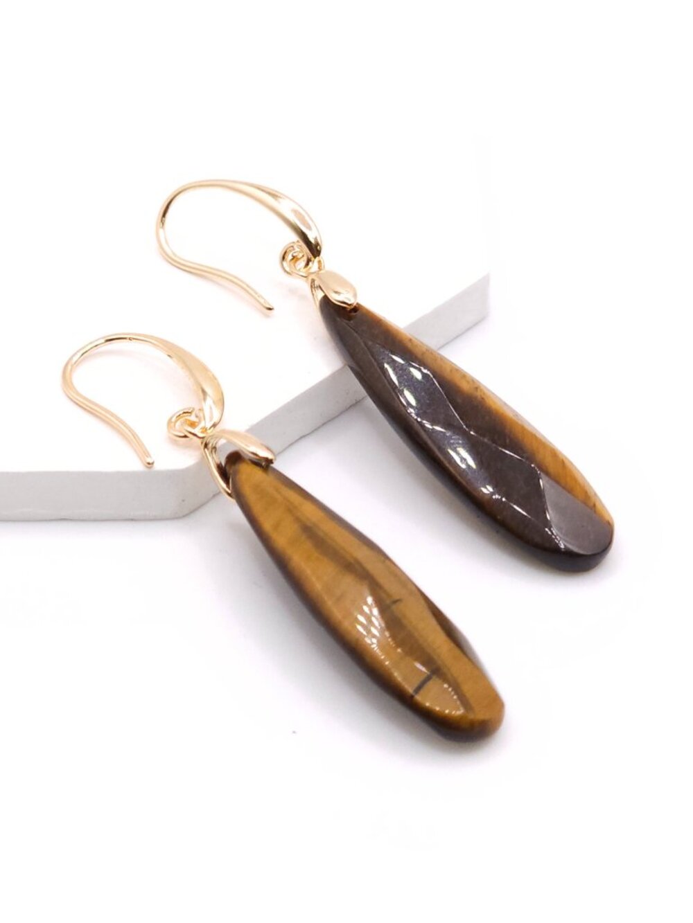 Tigers Eye Dangle Earrings - New, Gold Dangle